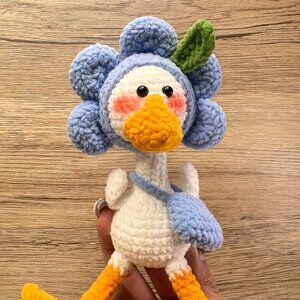 Handmade Amigurumi Crochet Duck with Blue Sunflower Hat Plushie